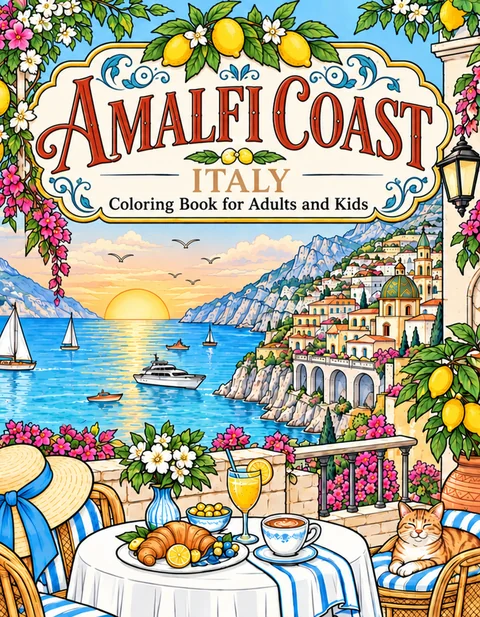 Amalfi Coast Coloring Book for Adults cover illustration by Louisa May Carson
