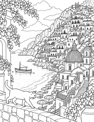Detailed coloring page of Positano cliff village