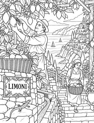 Detailed coloring page of Amalfi lemon harvest featuring Limoni sign