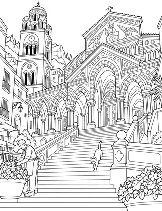 Detailed coloring page of Amalfi Cathedral stair featuring Amalfi sign