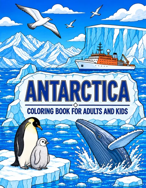 Antarctica Coloring Book for Adults cover illustration by Louisa May Carson
