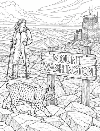 Detailed coloring page of Mount Washington Summit and Alpine Crest featuring Mount Washington sign