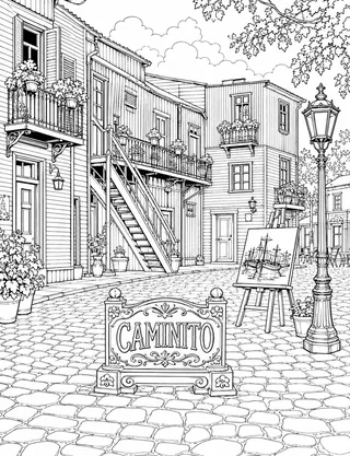 Detailed coloring page of Caminito in La Boca featuring Caminito sign