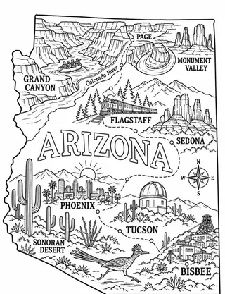 Illustrated travel map of Arizona landmarks and attractions