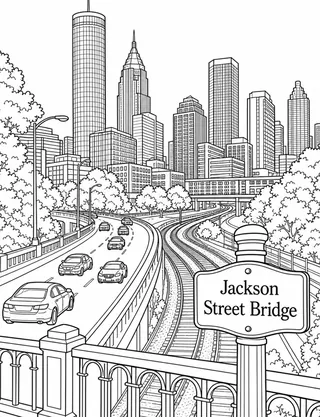 Detailed coloring page of Downtown skyline from Jackson Street Bridge with roadway featuring Jackson Street Bridge sign