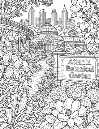 Detailed coloring page of Atlanta Botanical Garden conservatory featuring Atlanta Botanical Garden sign