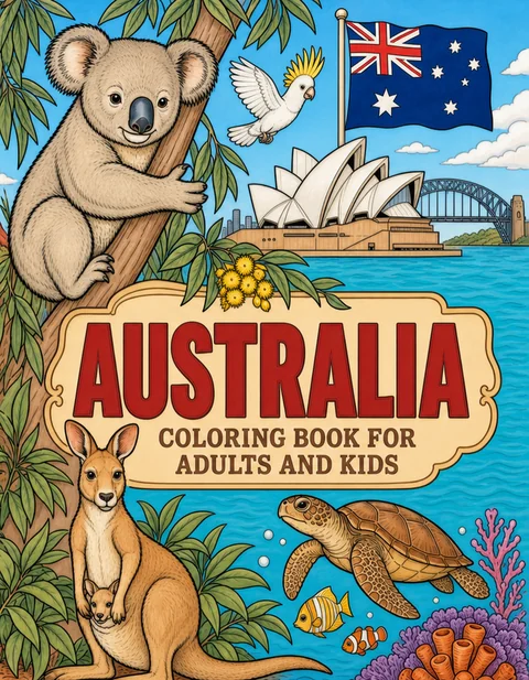 Australia Coloring Book for Adults cover illustration by Louisa May Carson