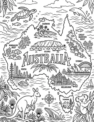 Illustrated travel map of Australia landmarks and attractions