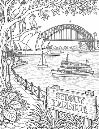 Detailed colouring page of Wide Sydney Harbour panorama from the foreshore with the Sydney Opera House featuring Sydney Harbour sign