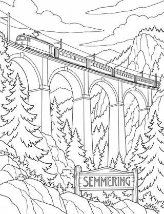 Detailed coloring page of Semmering Railway viaduct featuring Semmering sign