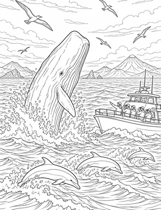 Detailed coloring page of Sperm whale breach during whale watching