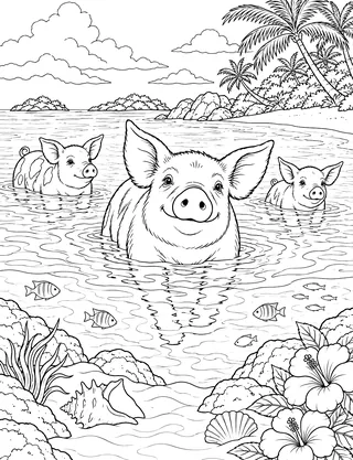 Detailed coloring page of Exuma-swimming-pigs