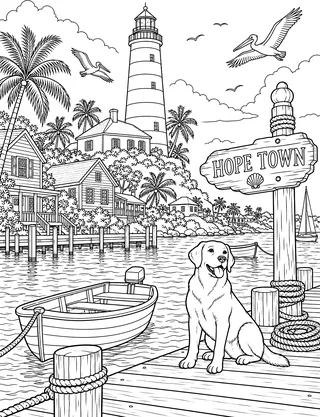 Detailed coloring page of Elbow-reef-lighthouse featuring Hope Town sign