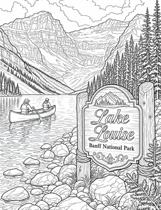 Detailed colouring page of Lake Louise canoe and château mountain panorama featuring Lake Louise sign