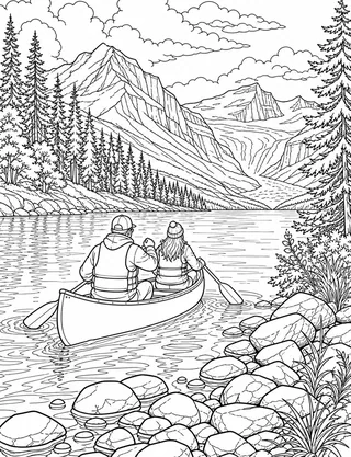 Detailed colouring page of Lake Minnewanka paddle outing featuring Lake Minnewanka sign