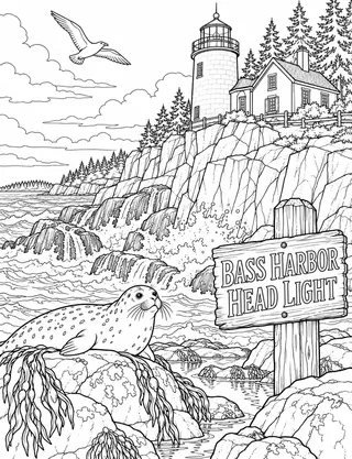 Detailed coloring page of Bass Harbor Head Light on granite sea cliffs