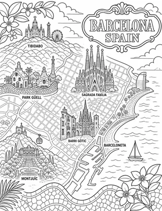 Illustrated travel map of Barcelona landmarks and attractions