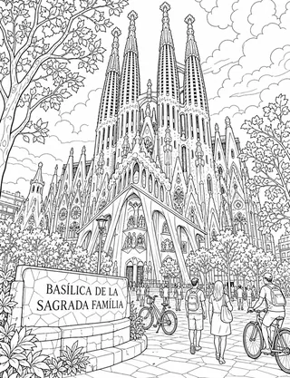 Basílica De La Sagrada Família Barcelona coloring page with detailed line art