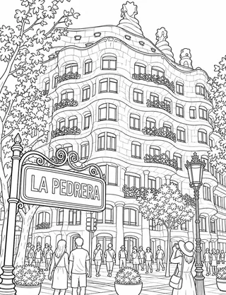 La Pedrera Barcelona coloring page with detailed line art