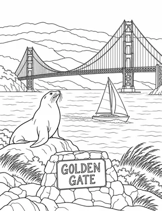 Detailed coloring page of Golden Gate morning sail and sea lion featuring Golden Gate sign
