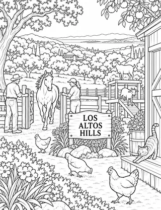 Detailed coloring page of Los Altos Hills animal sanctuary chores featuring Los Altos Hills sign
