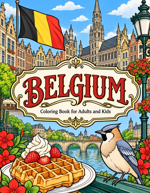 Belgium Coloring Book for Adults cover illustration by Louisa May Carson