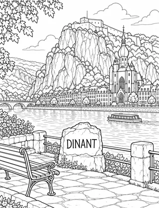 Detailed coloring page of Dinant citadel and Meuse waymarker featuring Dinant sign