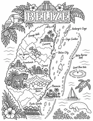 Illustrated travel map of Belize landmarks and attractions