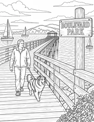 Detailed coloring page of Boulevard Park overwater boardwalk Taylor Dock featuring Boulevard Park sign