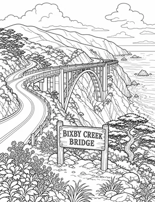 Bixby Creek Bridge Big Sur coloring page with detailed line art