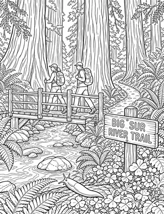 Big Sur River Trail coloring page with detailed line art