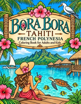 Bora Bora Coloring Book for Adults cover illustration by Louisa May Carson