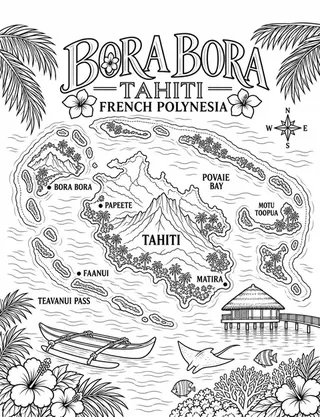 Illustrated travel map of Bora Bora landmarks and attractions