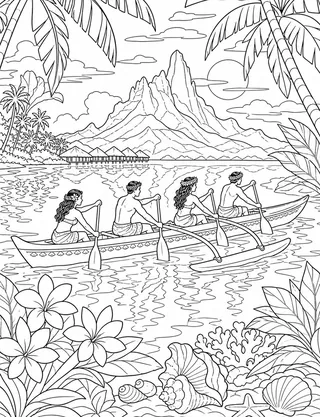 Detailed coloring page of Outrigger-paddlers