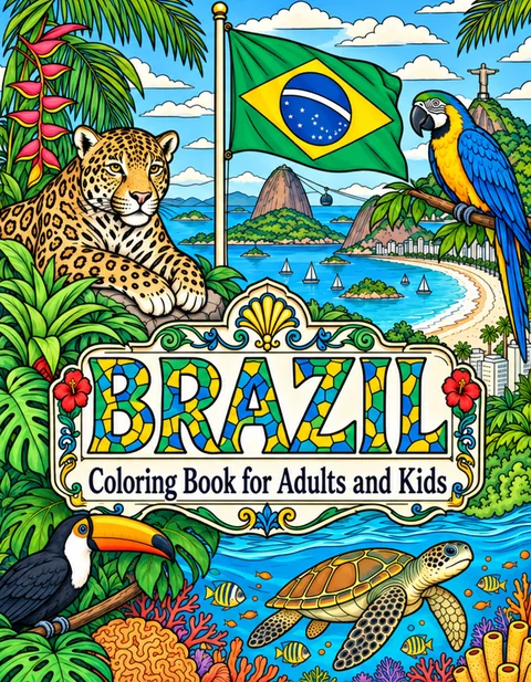 Brazil Coloring Book for Adults cover illustration by Louisa May Carson