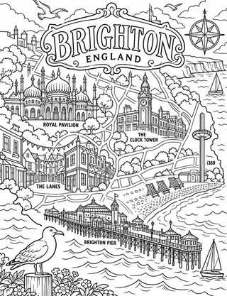 Illustrated travel map of Brighton landmarks and attractions