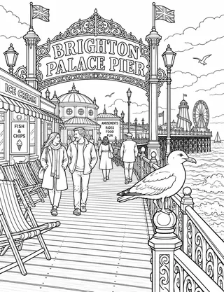 Detailed colouring page of Brighton Palace Pier Promenade Deck featuring Brighton Palace Pier sign