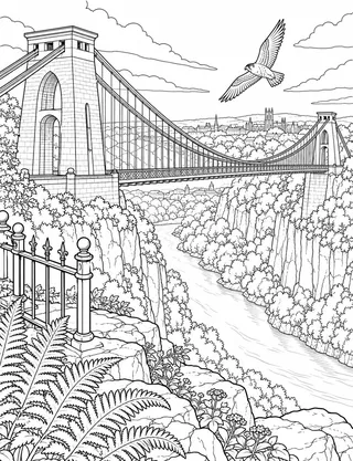 Detailed colouring page of Clifton Suspension Bridge and Avon Gorge