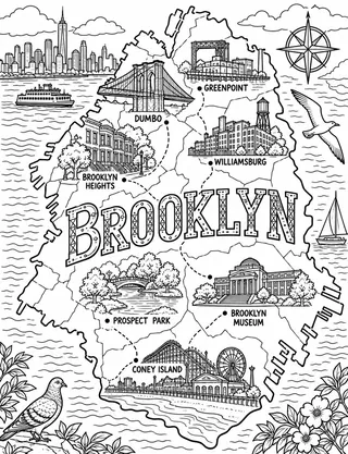 Illustrated travel map of Brooklyn landmarks and attractions