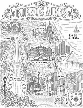 Illustrated travel map of Buenos Aires landmarks and attractions