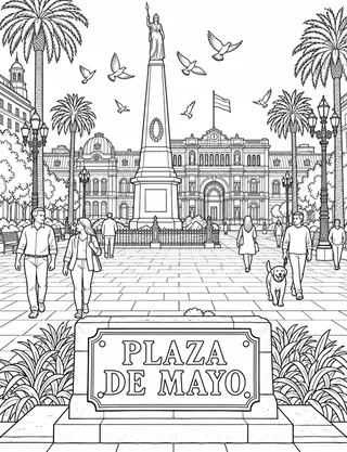 Detailed coloring page of Plaza de Mayo and Casa Rosada featuring Plaza De Mayo sign