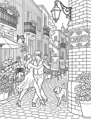 Detailed coloring page of Caminito colourful cobbled lane in La Boca featuring Caminito sign
