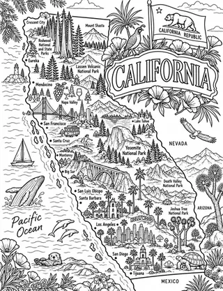 Illustrated travel map of California landmarks and attractions