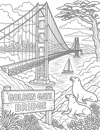 Detailed coloring page of Golden Gate Bridge through fog