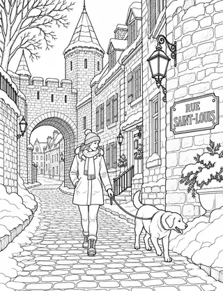 Detailed colouring page of Old Quebec Secular Fortified Street
