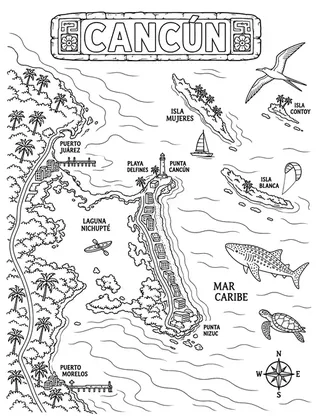 Illustrated travel map of Cancun landmarks and attractions