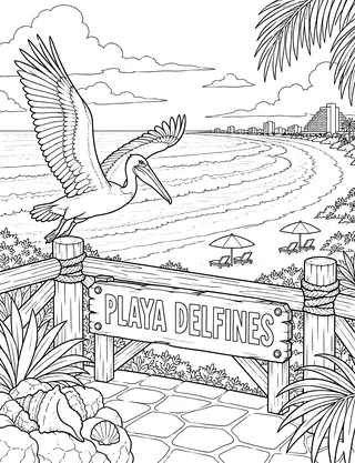 Detailed coloring page of Playa Delfines beach day