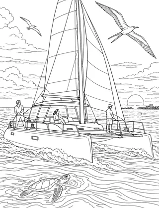 Detailed coloring page of Caribbean sunset catamaran