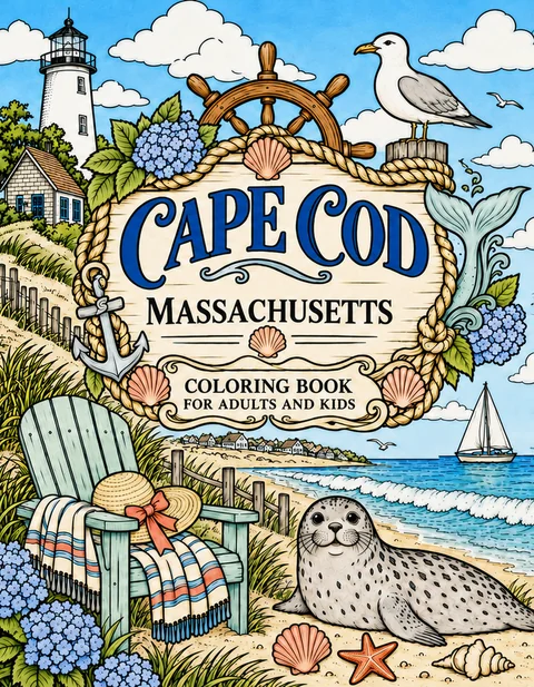 Cape Cod Coloring Book for Adults cover illustration by Louisa May Carson