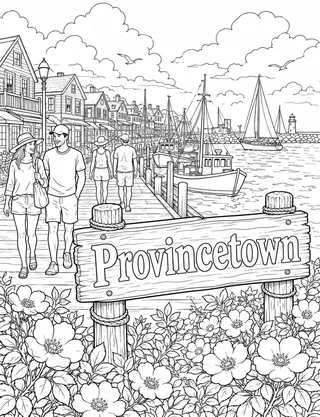 Detailed coloring page of Provincetown Harbor featuring Provincetown sign
